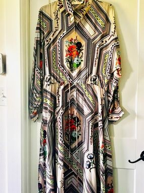 Tory Burch Geometric Floral Long-Sleeve Dress in Beige, Green and Red